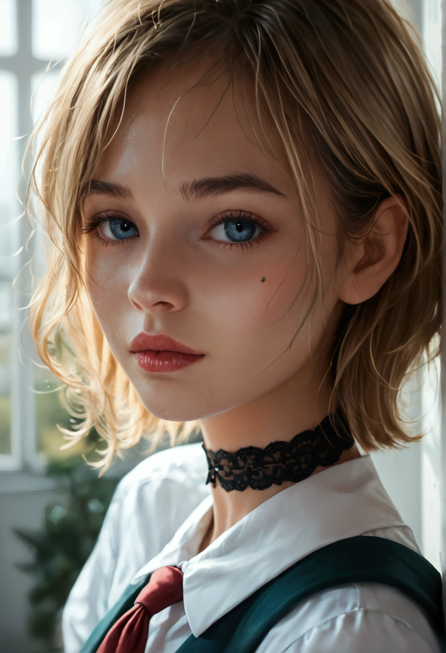 score_9, score_8_up, score_7_up, (realistic:1.4),1 blonde girl,beautiful detailed eyes,beautiful detailed lips,extremely detailed face, detailed full body, longeyes lashes,short hair,well-trained athletic body,sweaty skin,school uniform,choker,highres,8k,best quality,masterpiece