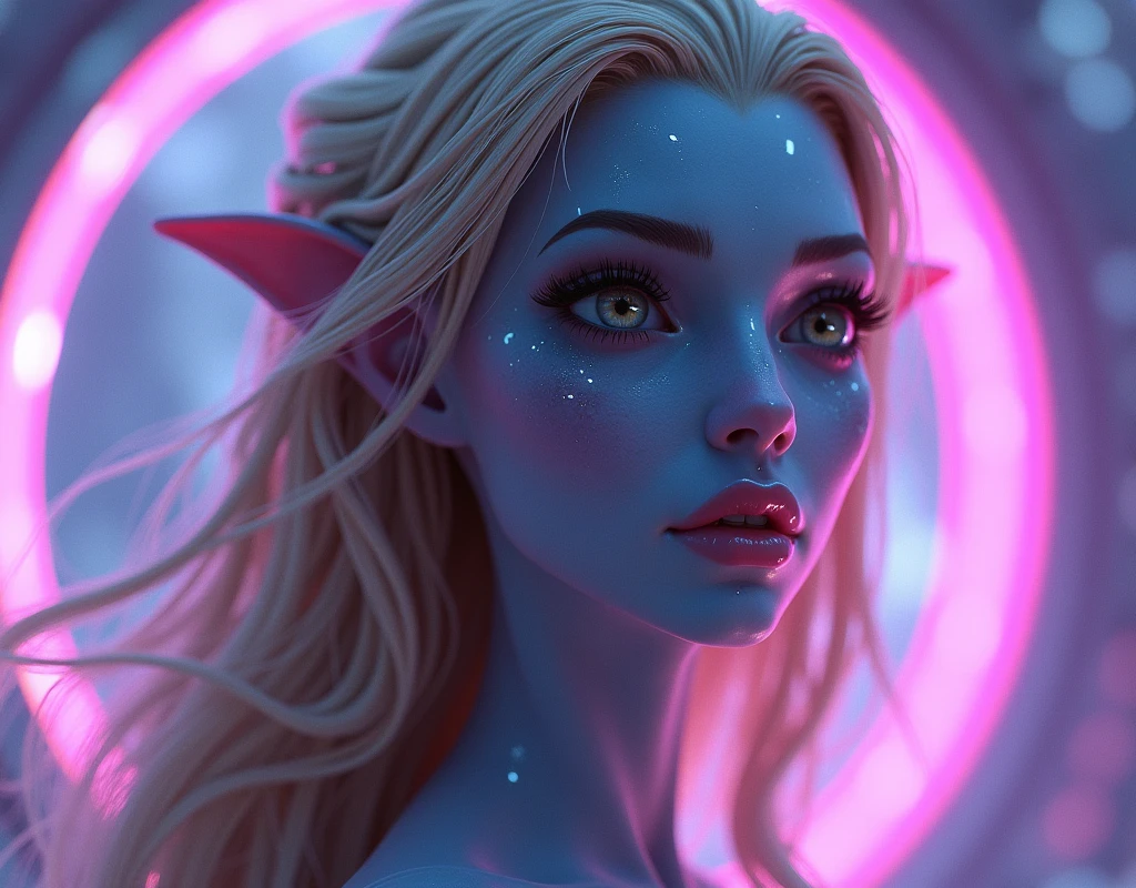 An avatar-like species, with purple skin, albino blonde hair and elf ears.