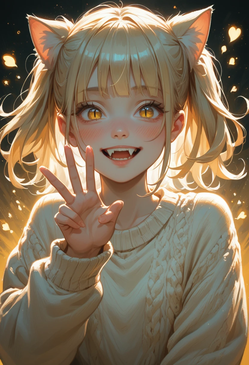 Fair-skinned, blushing girl, (inward-slanted yellow eyes with slit-like irises like a cat), (light blonde hair),  Toga Himko, Create a vibrant character with light blonde hair styled with short, straight bangs and two high ponytails, with some strands left loose. She has a youthful, oval face with large, amber eyes that convey a playful and mischievous expression. Her fair skin shows a slight blush on her cheeks, emphasizing her youthful age of around . Dress her in a casual, light-colored sweater with a simple, cozy design, suggesting comfort. Capture her in a playful pose, making a playful gesture with one hand as she smiles widely, showing her teeth with the fangs visible. Use bright, warm colors and dramatic lighting to highlight her features against a soft, luminous background, creating a cheerful and energetic atmosphere.