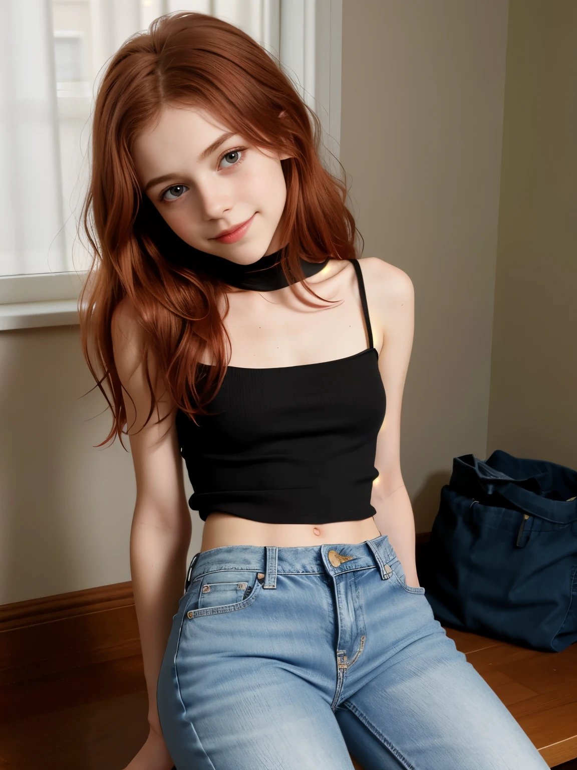 (((solo girl))) (1girl) from behind, full body shot, underneath shot, raw photo, (12yo skinny redhead girl:1.2), ((intense red hair)) ((very long hair)), blushing, graphic eyeliner, rouge, (lipstick:0.6), (choker:0.9), realistic skin texture, ((jeans short)) oversize knit sweater, (red:0.8), softcore, warm lighting, cosy atmosphere, instagram style, nsfw , naive, shy, short, thin, fit, beautiful, cute, pale skin, ((just a little smile)) ((blushing smile)), very suggestive open legs, sexy pose.
