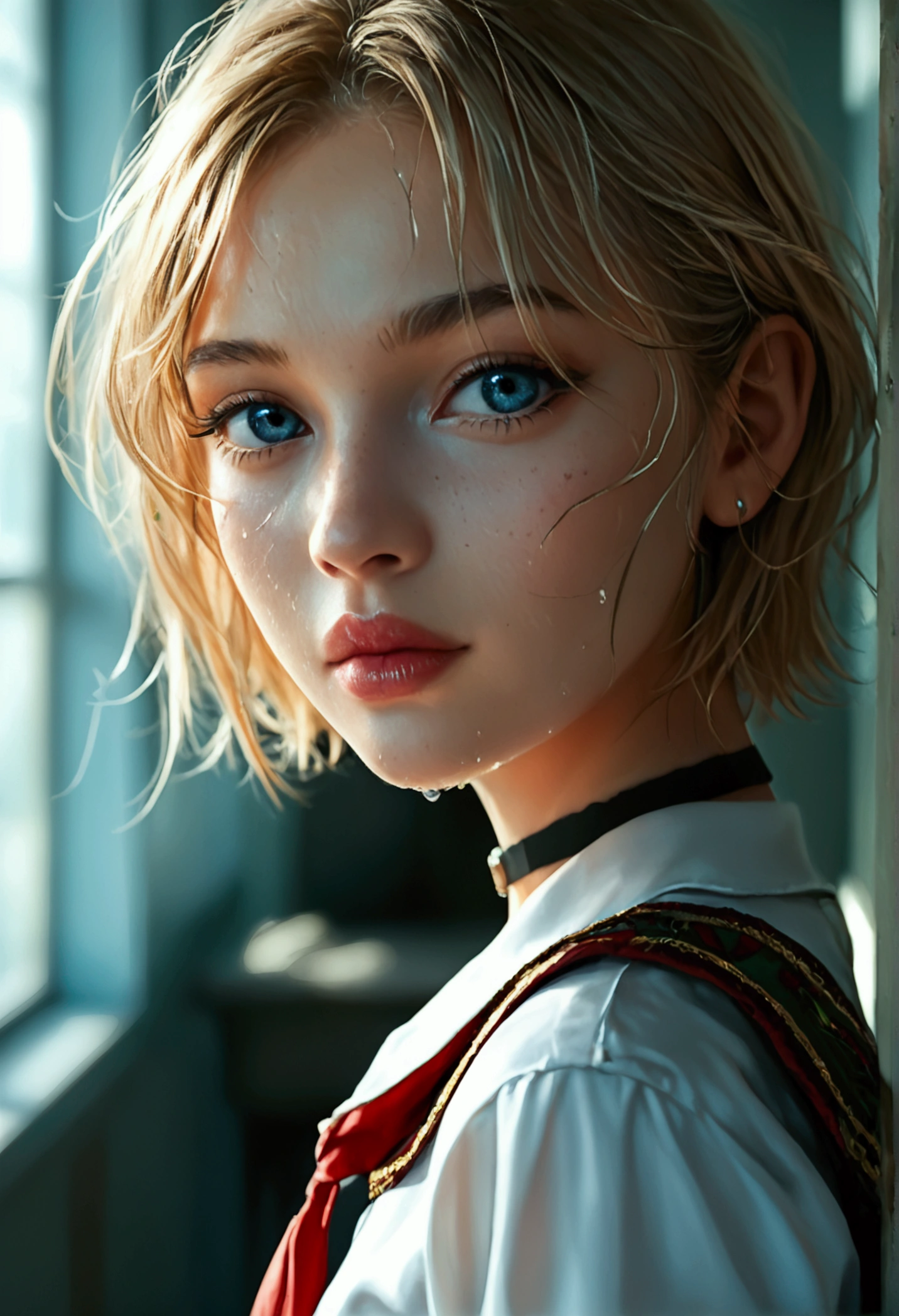 score_9, score_8_up, score_7_up, (realistic:1.4),1 blonde girl,beautiful detailed eyes,beautiful detailed lips,extremely detailed face, detailed full body, longeyes lashes,short hair,well-trained athletic body,sweaty skin,school uniform,choker,highres,8k,best quality,masterpiece