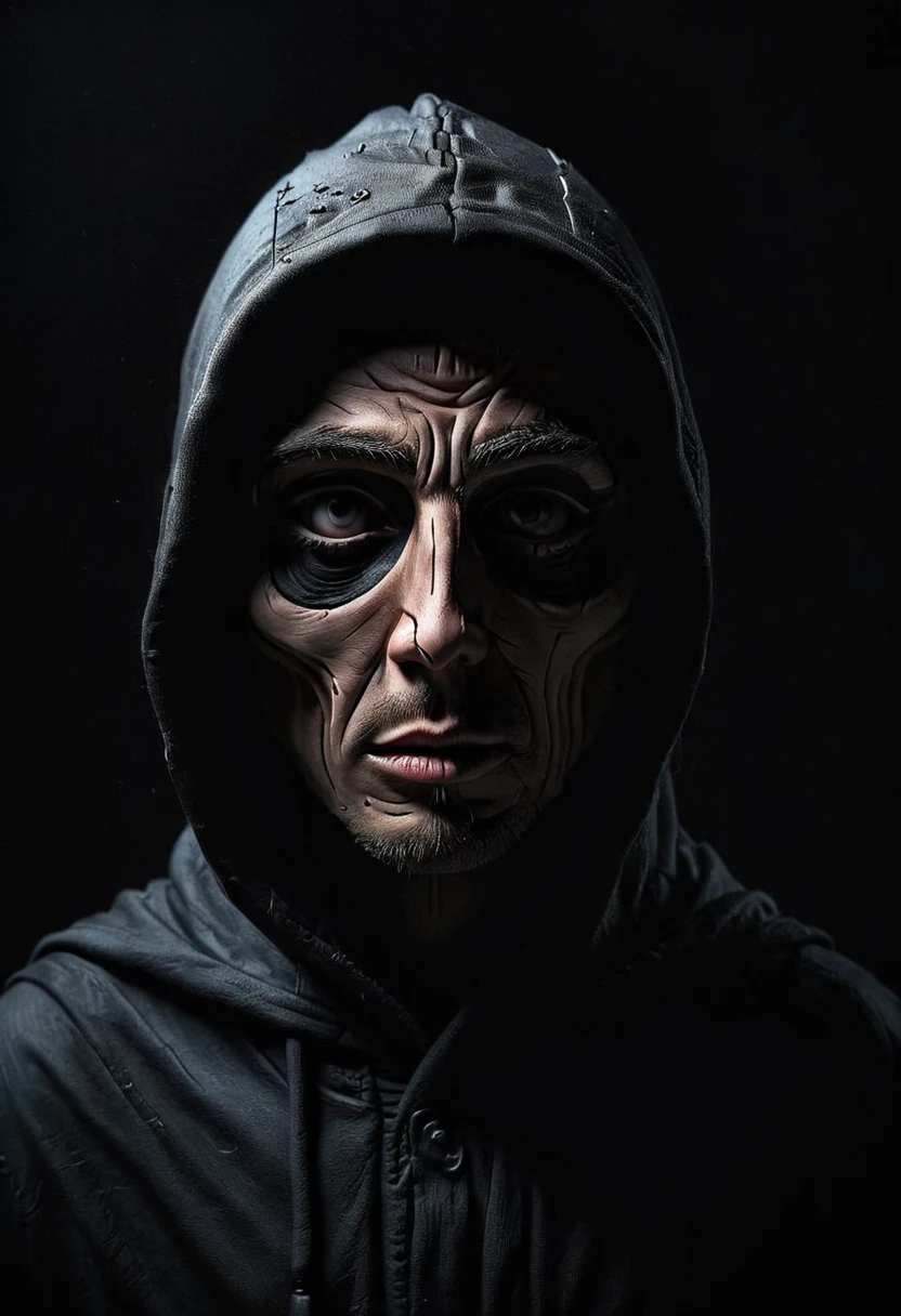 a mysterious character. focused on the face of the person and open eyes. wearing a black hood. in a black dark landscape 