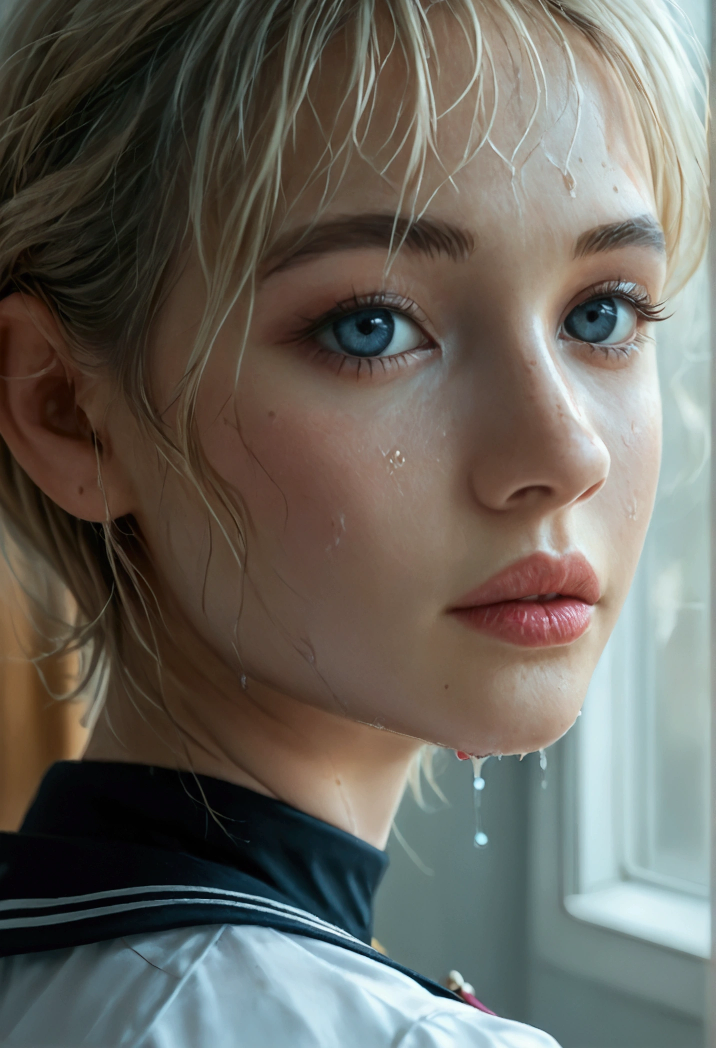 score_9, score_8_up, score_7_up, (realistic:1.4),1 blonde girl,beautiful detailed eyes,beautiful detailed lips,extremely detailed face, detailed full body, longeyes lashes,short hair,well-trained athletic body,sweaty skin,school uniform,choker,highres,8k,best quality,masterpiece