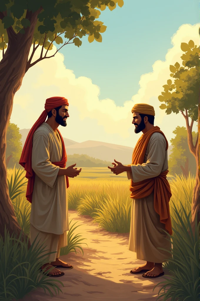 The farmer sitting in front of Imam Sahib, his face filled with worry.
Imam Sahib is listening to him with deep attention.