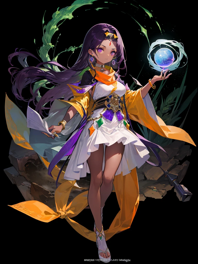 perfect anatomy, precise illustration, extremely detailed CG, ((masterpiece, best quality, extremely detailed, absurdres)), (background bokeh),
(Minea from DQ4), fortune teller, (Silver Tarot), medium breasts, (long hair, straight hair), purple eyes, (dark purple hair:1.8), (forehead:1.3), choker,  bracelet, (dark orange poncho:1.2), (yellow stole:1.5), (white long skirt:1.6), (orange dress:1.4), (silver circlet:1.5), (dark skin:1.3), (emerald earrings:1.2), closed mouth, (with a crystal ball), full body shot, at bridge, (spelled healing magic:1.5), solo, (healing green aura),