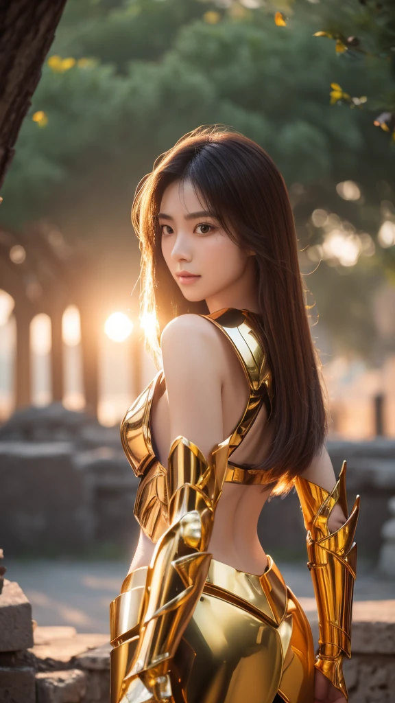 ((1woman))) Beautiful Korean girl, Ultra-realistic photoshoot with cutting-edge details by Camus, Greek ruins backdrop. Shiny golden metal armor, Cancer armor, Long purple hair, Lively pose, Beautiful, symmetrical light brown eyes with details. Full body, Beautiful face with details. 30MP 4k Canon EOS 5D Mark IV DSLR, 85mm lens, Sharp focus, Intricate details, Long exposure time f/8, ISO 100, Shutter speed 1/125, Diffused backlight. Award winning photo, Camera facing each other, Looking into the camera, Monovision, Perfect contrast, High sharpness, Facial symmetry, Depth of field, Very detailed photo, Ray-traced, Global illumination. TanvirTamim, Soft, High sharpness, Unreal Engine 5, Ultra-sharp focus. Award winning photo. Trending on ArtStation Realistick 8k