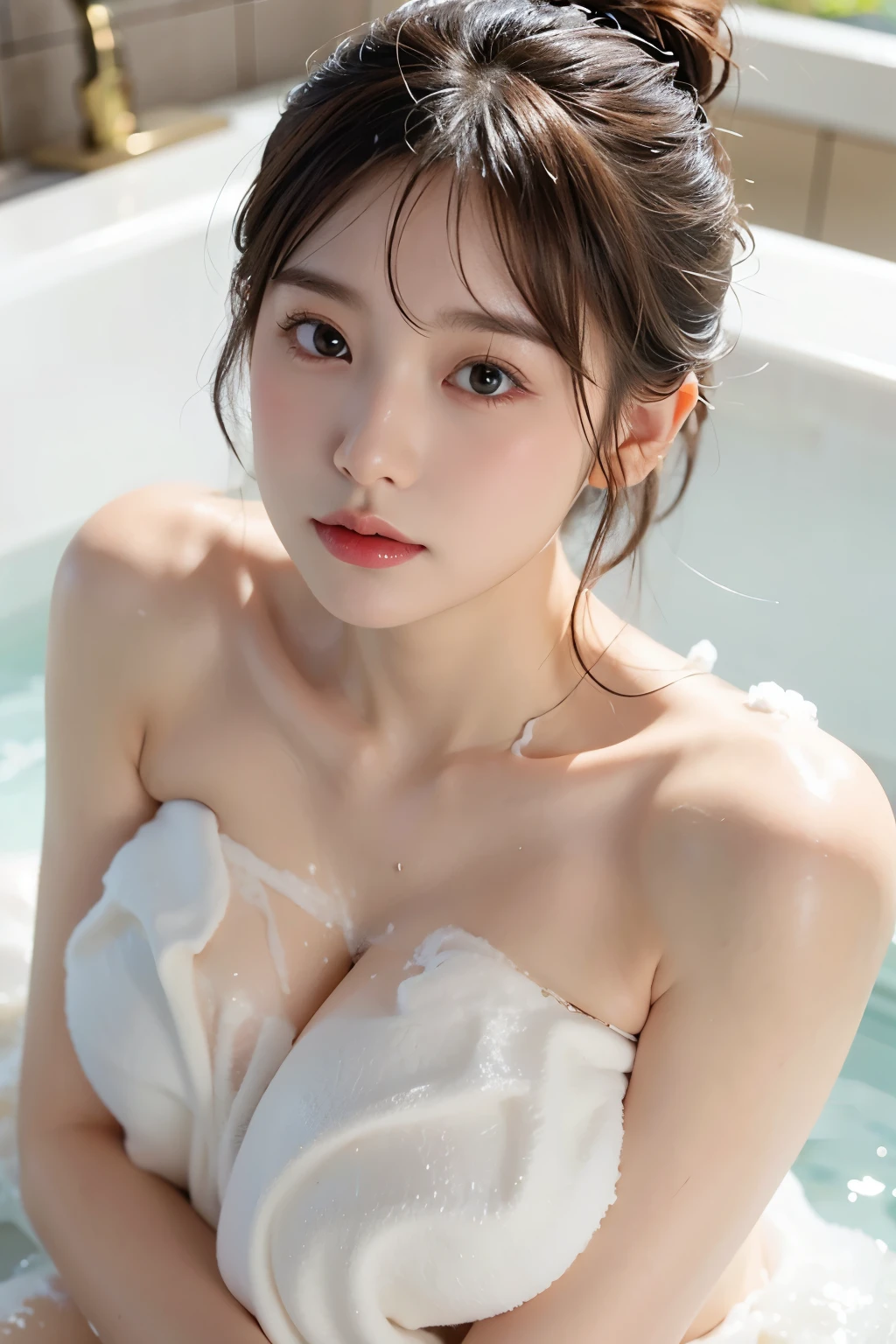 ((Best quality, 8k, Masterpiece :1.3)), 1girl, Pretty woman with emphasizing feminine abs :1.3, Huge breasts :1.2, (Bathtub, Wet outfit :1.1), Ultra-detailed face, Highly detailed lips, Detailed eyes, Double eyelid