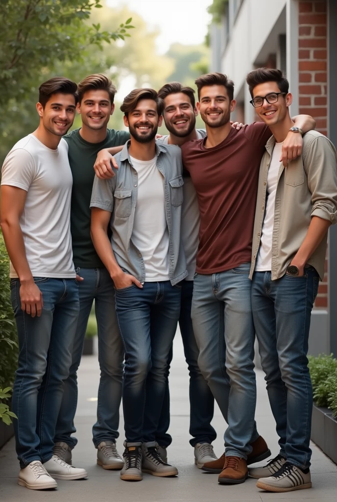 Create an image where on one side there are four beautiful and slender girls dressed normally and separated by a fence, on the other side seven handsome and muscular guys dressed casually, all between the ages of 24 and 30. 