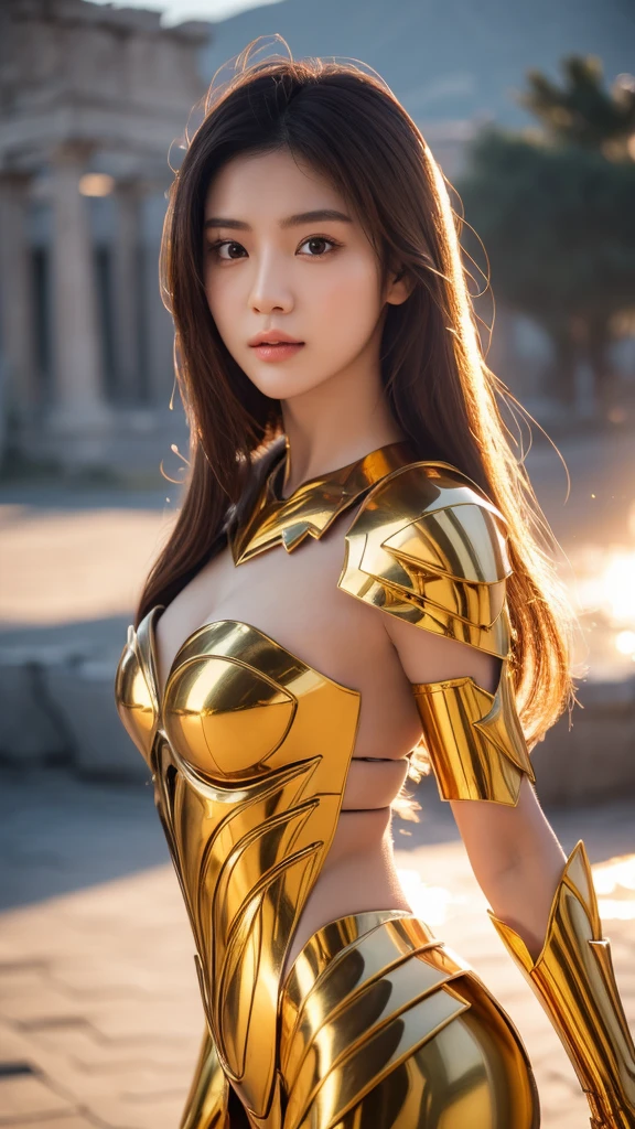 ((1woman))) Beautiful Korean girl, Ultra-realistic photoshoot with cutting-edge details by Camus, Greek ruins backdrop. Shiny golden metal armor, Cancer armor, Long purple hair, Lively pose, Beautiful, symmetrical light brown eyes with details. Full body, Beautiful face with details. 30MP 4k Canon EOS 5D Mark IV DSLR, 85mm lens, Sharp focus, Intricate details, Long exposure time f/8, ISO 100, Shutter speed 1/125, Diffused backlight. Award winning photo, Camera facing each other, Looking into the camera, Monovision, Perfect contrast, High sharpness, Facial symmetry, Depth of field, Very detailed photo, Ray-traced, Global illumination. TanvirTamim, Soft, High sharpness, Unreal Engine 5, Ultra-sharp focus. Award winning photo. Trending on ArtStation Realistick 8k