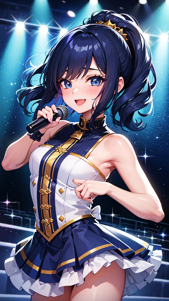 Tazune rirei, 8k, ultra-detailed, Masterpiece, best quality, aqua eyes, black hair, side ponytail, (idol uniform:1.5), boots, microphone, (dynamic pose:1.2), smile, 1girl, solo, portrait, bokeh