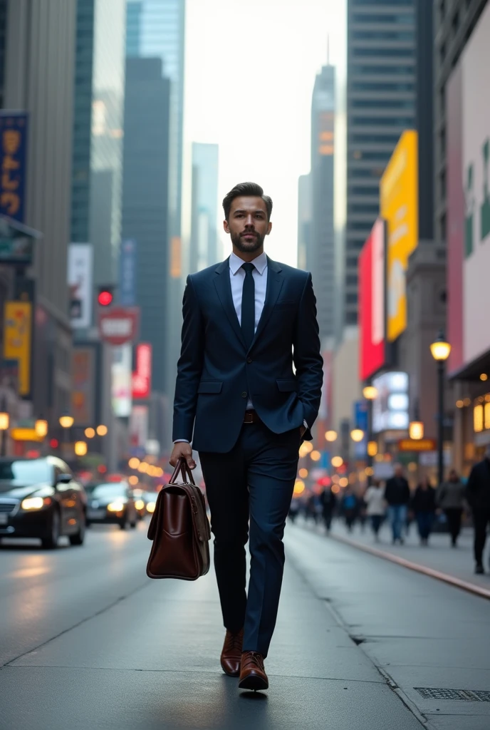 Create a realistic 8k image in the best quality, a 35-year-old man who should be positioned further to the right, full body standing, with beard, navy blue suit and a red tie carrying a black briefcase with money, oozing confidence, walking through the night of New York --auto