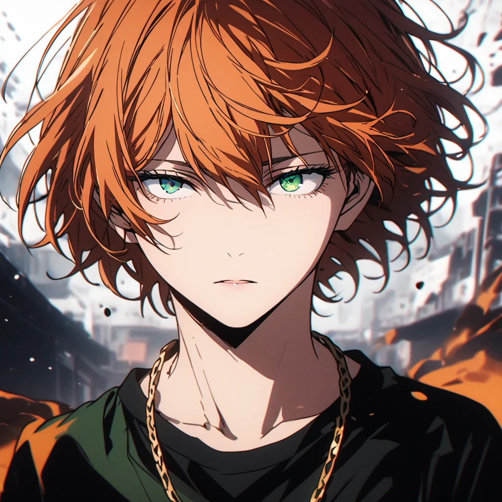 Alone, 1 eyes, orange hair, green eyes black shirt,gold necklace