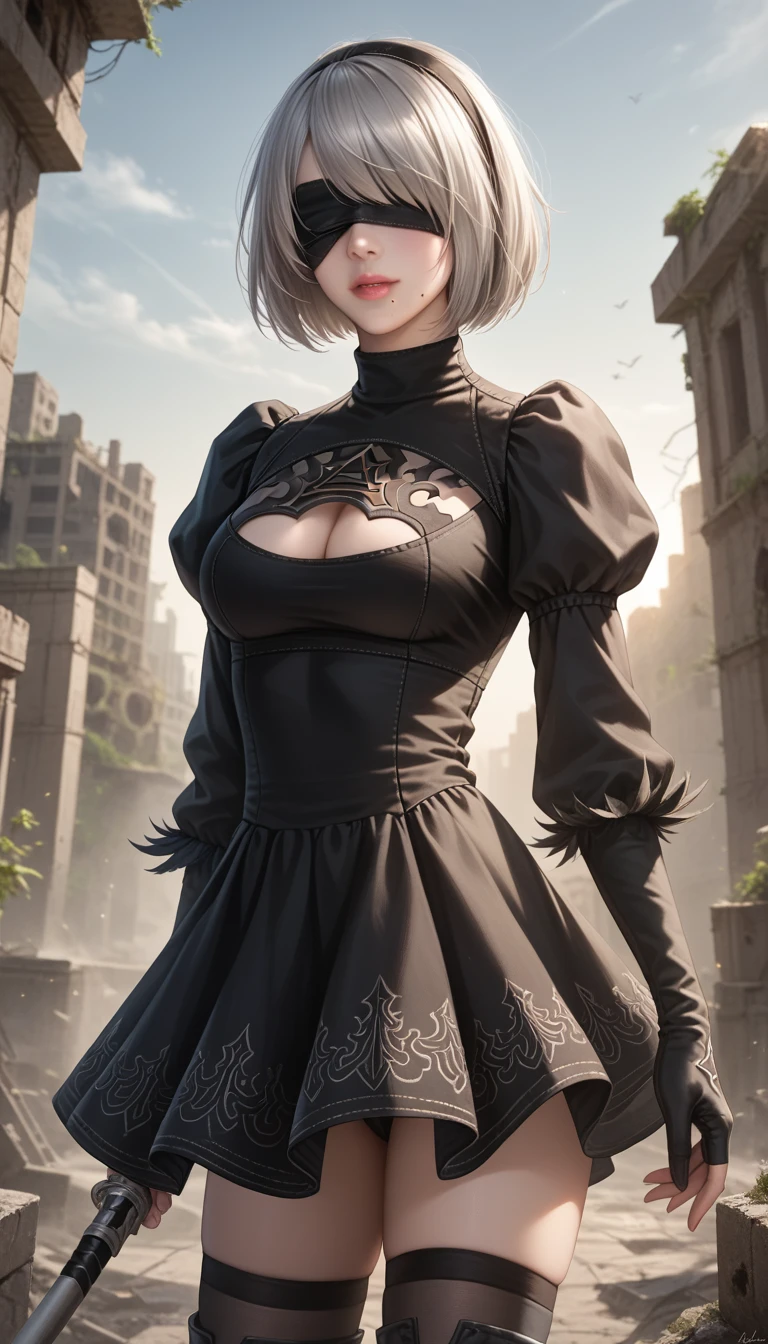 score_9, score_8_up, score_7_up, 32k,masterpiece, highest quality, 
photo realistic, vibrant colors, chiaroscuro lighting, cinematic lighting,
1 woman, inspired 2B nier automata,
bob cut, gray hair, bangs ,mole under mouth, blindfold, pink lips, 
black 2B dress, cleavage cutout, skirt, thighhighs under boots,
ruins, a ruined world, devastated cities, 
picturesque, beautiful scenery, fantastic night sky,
seductive pose, cinematic angle,