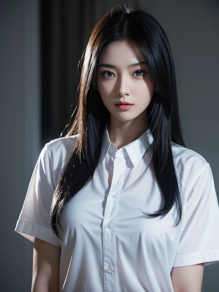 long black hair,Blue eyes, High resolution, Asia , Female Programmer ,White shirt