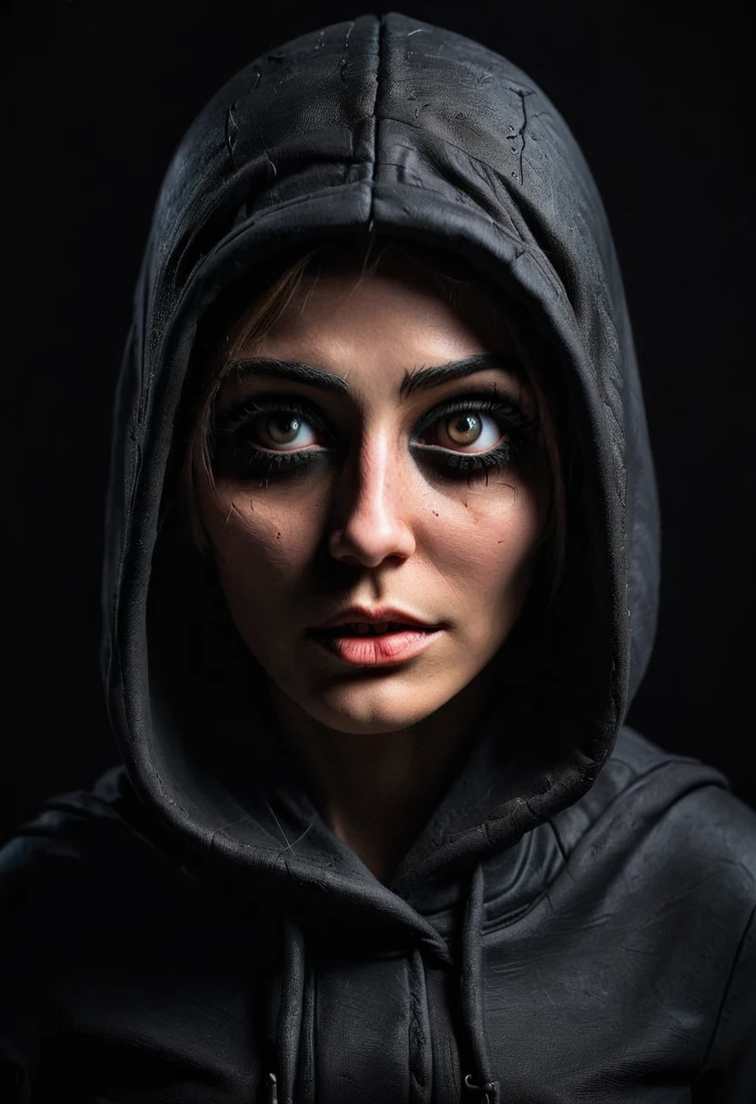 a mysterious female character. focused on the face of the person and open eyes. wearing a black hood. in a black dark landscape 