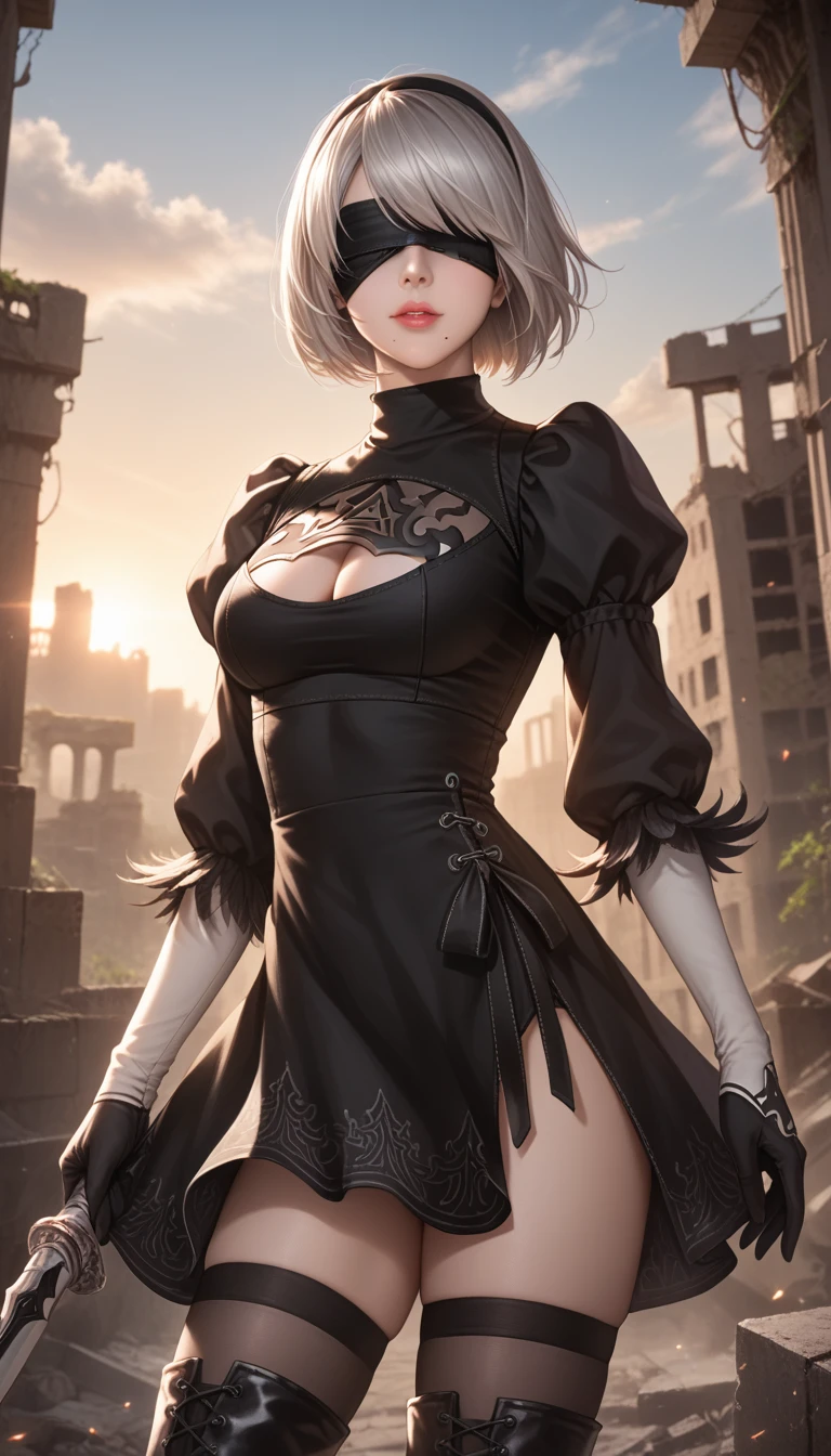 score_9, score_8_up, score_7_up, 32k,masterpiece, highest quality, 
photo realistic, vibrant colors, chiaroscuro lighting, cinematic lighting,
1 woman, inspired 2B nier automata,
bob cut, gray hair, bangs ,mole under mouth, blindfold, pink lips, 
black 2B dress, cleavage cutout, skirt, thighhighs under boots,
ruins, a ruined world, devastated cities, 
picturesque, beautiful scenery, fantastic night sky,
seductive pose, cinematic angle,