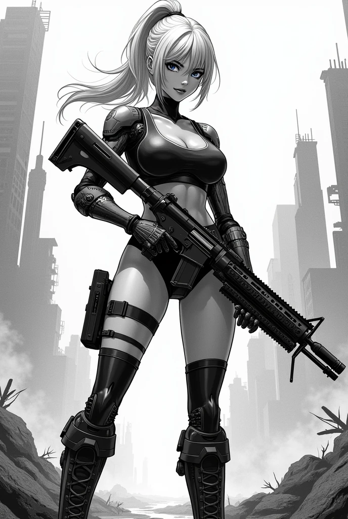 A futuristic indigenous woman, human, with a crossbow in his hand and bathed in blood for having killed a supervillain
