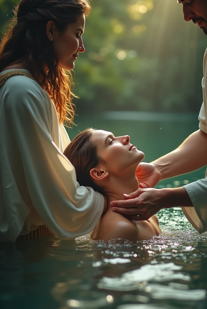 beautiful sexy white tan nude young woman, wearing a diamond necklace, is baptized into the water by another woman in church baptistry