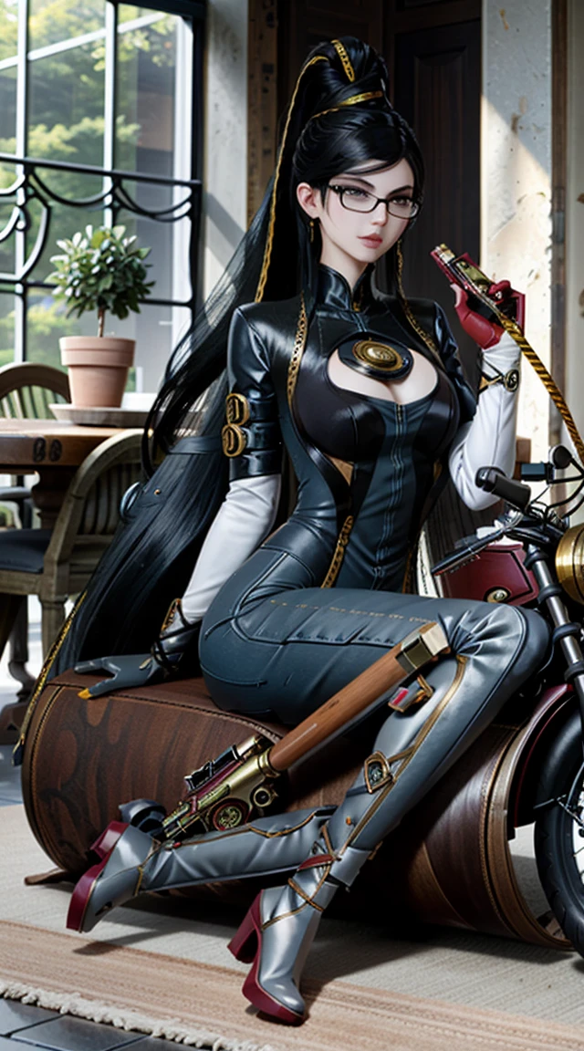 (work of art, best quality)
bayonetta, 1 , Alone, long hair, looking at the viewer, smile, mitts, cinta, joy, sitting, very long hair, hair cinta, arm, in this, toys, boots, glin thises, looking rug, behind, black hair, high jump, lips, handgun, body, invent, rug, sunglin thises, lipstick, land vehicle, motor vehicle, handhandgun, rugless outfit, bare rug, riding, motorcycle, rug cutout