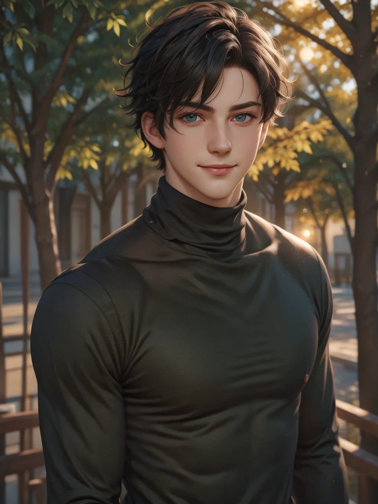 (best quality), 1boy, pale skin, black hair, medium hair, curtain hair, tousled hair, green eyes, perfect eyes, dark circles under eyes, handsome, light smile, attractive, turtleneck sweater, masterpiece, anatomically correct, highres
