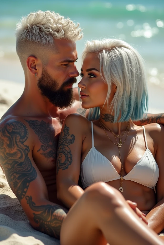 1girl, tattoo, swimsuit, with boyfriend, bikini, breasts, blonde_hair, long_hair, realistic, Gray_bikini, navel, large_breasts, outdoors, White_skin, lips, ocean, arm_tattoo, water, looking_at_viewer, cleavage, cloud, dark-skinned_female, day, sky, hugging boyfriend, boyfriend wearing underwear, boyfriend have muscular body,bf have tattoo og girl on his arm,both kissing each other