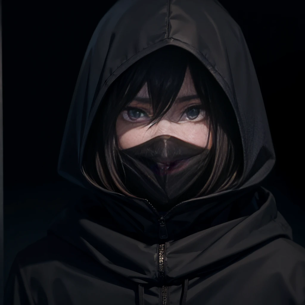 Girl,short hair,black pupil,black Coat hood.