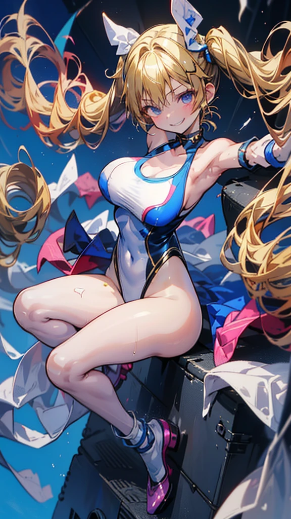 full body,((leotard)),一人のgirl, Gorgeous Dance, Idol, Fascinating dance beautiful, Intense movement. girl (cute, smile, Blonde, Twin tails, big , Fashionable clothes). stage (Idol, glamorous, blue sky).