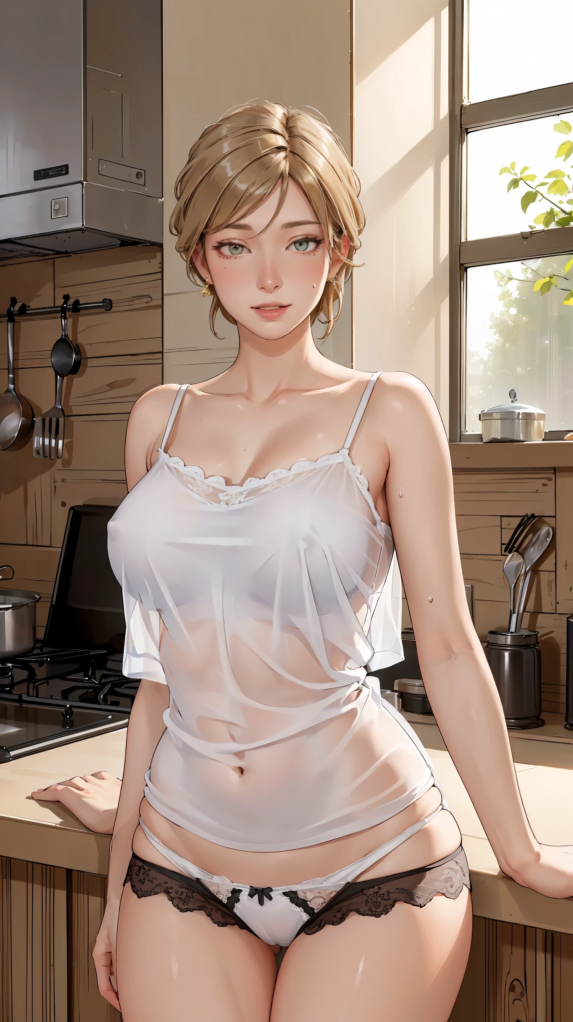 ((((masterpiece, best quality, high resolution)))), Extremely detailed 8K, Beautiful girl with voluptuous body, (Ultra HD, Ultra-detailed, Highly detailed, Highly realistic, Ultra-realistic, photograph realistic), (1girl:1.5), (Realistic beige hair), (twin ponytails hair, hair ornaments, earrings), (dynamic poses), facing at camera, looking at viewer, (blushing red, embarrassed, exhausted, smile), (hazel green eyes, sharp eyes), (big perky breasts:1.3), (wide hips:1.2), (beautiful detailed face, beautiful detailed eyes), ((white sheer camisole, black lace panties)), (detail pussy), (leaning against counter:1.3), sweat, glow, (sunbeam, sunlight), ((cowboy shot)), kitchen, seductive, (toned muscle)