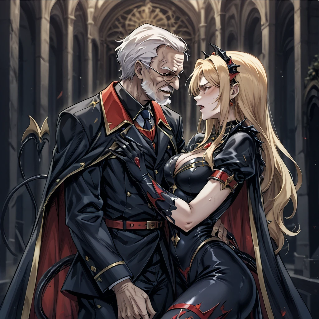 ((Best Quality)), ((masterpiece)), (detailed), （Perfect Face）、The woman who became a demon is Fate Testarossa, a blonde-haired female executive of an evil organization dressed in a black devil costume, completely stained with evil.、The woman happily embraces and kisses her master, an old man who is the leader of evil, and they have sex, making love and becoming evil.