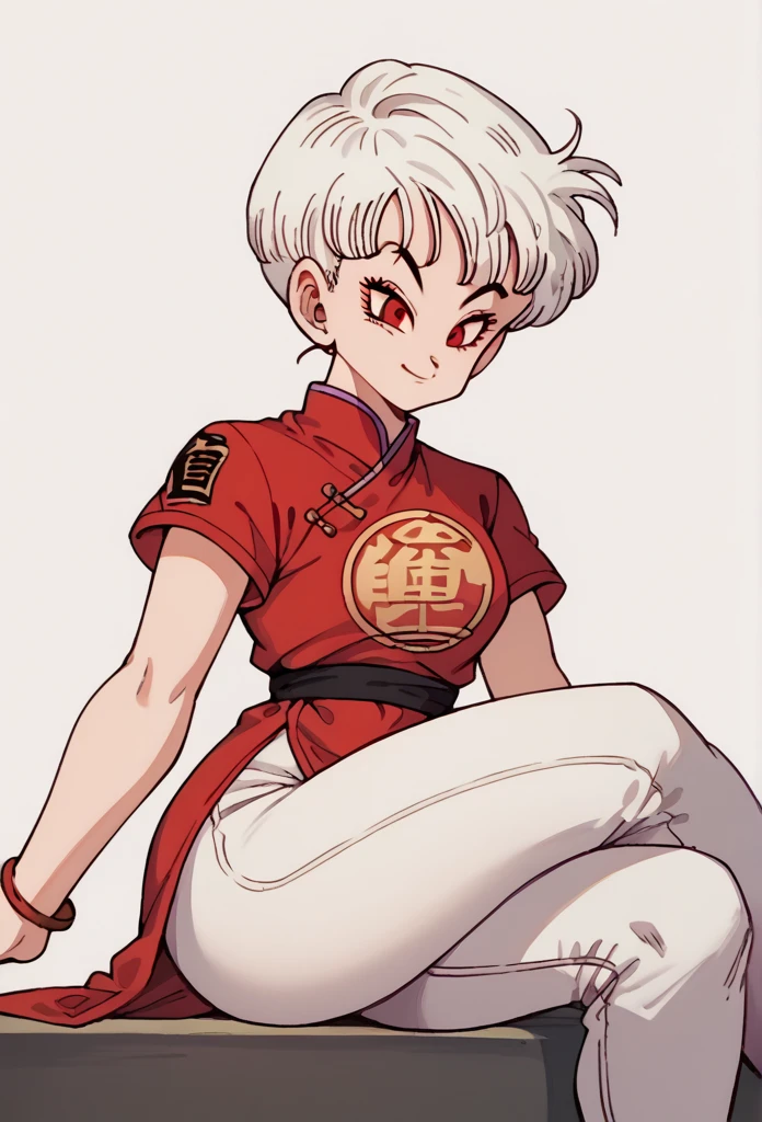 woman, Short brown hair with white streak,White hair, big ass, sitting with a provocative smile  , red eyes,Oriental red dress with gold print, black pants,short sleeve, white pants , Dragon ball style,drawn