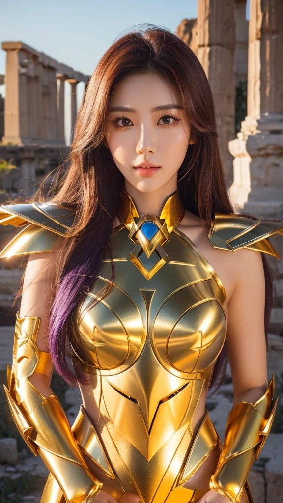 ((1woman))) Beautiful Korean girl, Ultra-realistic photoshoot with cutting-edge details by Camus, Greek ruins backdrop. Shiny golden metal armor, saint seiya armor, Cancer armor, Long purple hair, Lively pose, Beautiful, symmetrical light brown eyes with details, Beautiful face with details.