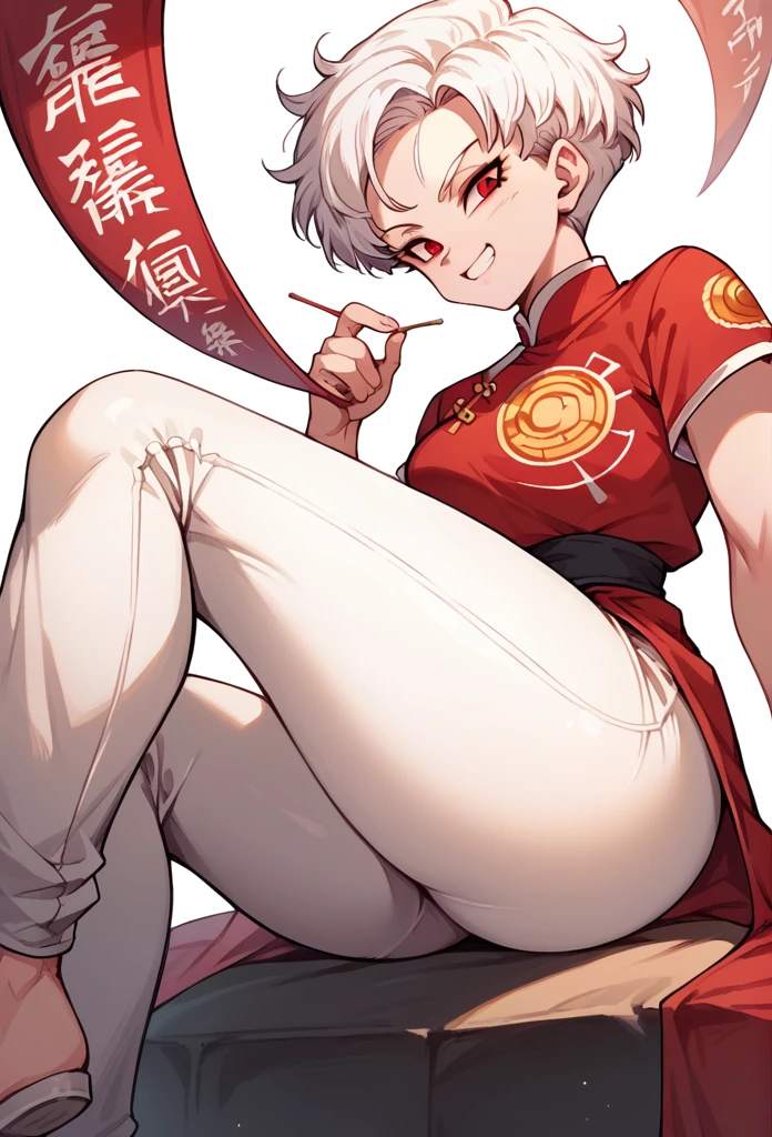 woman, Short brown hair with white streak,White hair, big ass, sitting with a provocative smile  , red eyes,Oriental red dress with gold print, black pants,short sleeve, white pants , Dragon ball style,drawn