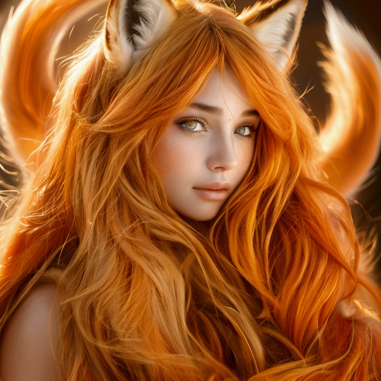 a beautiful fox girl, a girl with fox-like features, fox ears, orange-red hair, fluffy tail, detailed facial features, beautiful eyes, delicate lips, intricate details, 1girl, illustration, oil painting, digital painting, (best quality, 4k, 8k, highres, masterpiece:1.2), ultra-detailed, realistic, photorealistic, photo-realistic:1.37, HDR, UHD, studio lighting, ultra-fine painting, sharp focus, physically-based rendering, extreme detail description, professional, vivid colors, fantasy, magical, whimsical, ethereal