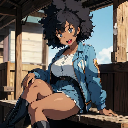 1 female, afro hair, black afro hair black girl afro hair, darker skin, brown skin, light blue eyes, cowgirl clothes, black underwear, jacket, boots, strip club, thick ass, thick legs, in the party, pole, stripper pole, sitting down, at the chair, thick ass, twerking, smile, grabbing own ass, ass
