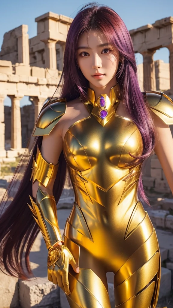 ((1woman))) Beautiful Korean girl, Ultra-realistic photoshoot with cutting-edge details by Camus, Greek ruins backdrop. Shiny golden metal armor, saint seiya armor, Cancer armor, Long purple hair, Lively pose, Beautiful, symmetrical light brown eyes with details, Beautiful face with details.