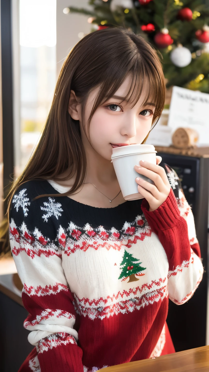 Christmas Sweaters, Cute sweater coffee machine dynamic shot fever々A cup of coffee、Seventeen year old high school girl、Big Breasts、