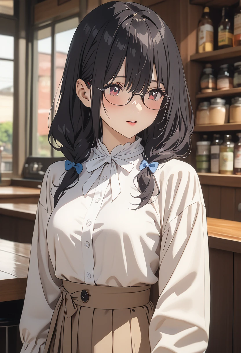 (Best Quality, 4K, 8k, High resolution, masterpiece:1.2), Very detailed, Picturesque, Animation Photos, Photo Animation:1.37)、Cafe、Beautiful Japanese Women、Black Hair、Long Hair、white shirt、Square Glasses、Hanyu Mayuri 