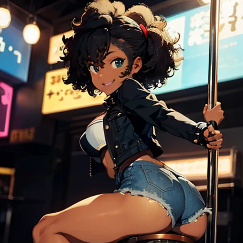 1 female, afro hair, black afro hair black girl afro hair, darker skin, brown skin, light blue eyes, cowgirl clothes, black underwear, jacket, boots, strip club, thick ass, thick legs, in the party, pole, stripper pole, sitting down, at the chair, thick ass, twerking, smile, grabbing own ass, ass
