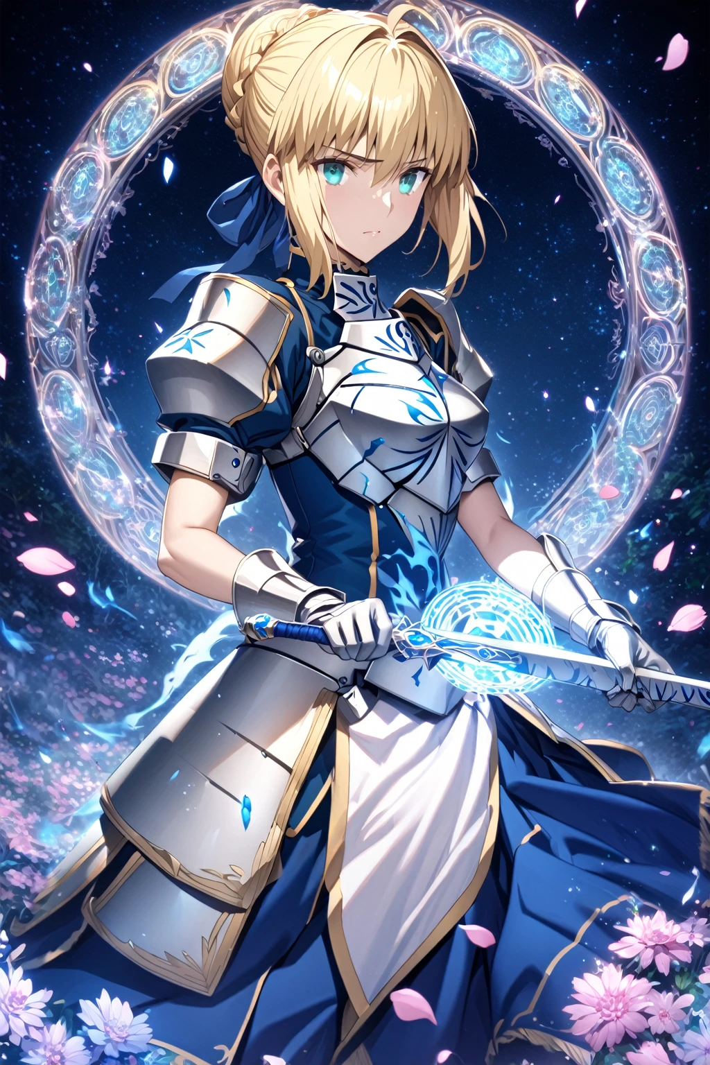 absurdres, highres, ultra detailed, HDR, master piece, Artoria Pendragon, blonde hair tied in a bun, expressive turquoise eyes, Saber, blue dress, extremely beautiful, sexy woman holding a sword, best quality, Fate Grand Order, magical circle, fantasy, magical, sensual, blue starry sky, glittering, accessories, silver armor, blue ribbon, blue magic, blue flames, pink flowers, silver gloves, pink petals