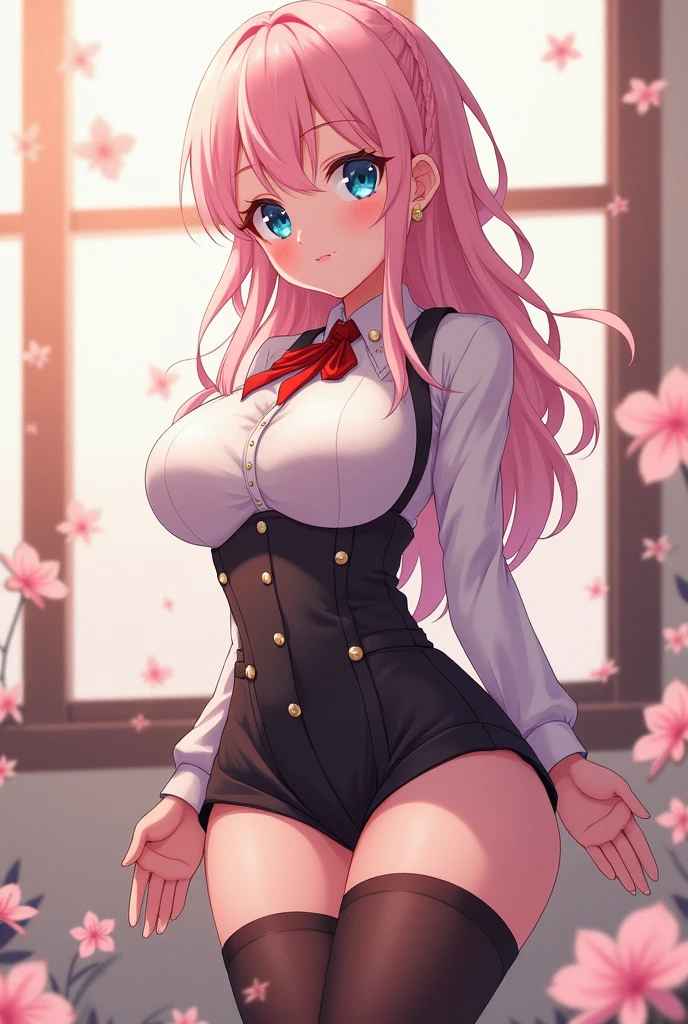 tmasterpiece、Need、1 female student、a blue dress，White cloth bun bun bun、Shoulder leakage、The chest is large、chubbiness、ssmile、Black suspender tights、lace leggings、pale pink lip、posing at school，（drenched all over the body），legs are open， 独奏, White polo shirt, looking at viewert,  (Thigh thick:1.0),Yazawa Nico,red eyes, face flushed,Blunt hair,both hands on hip，greet，Flower headdress，