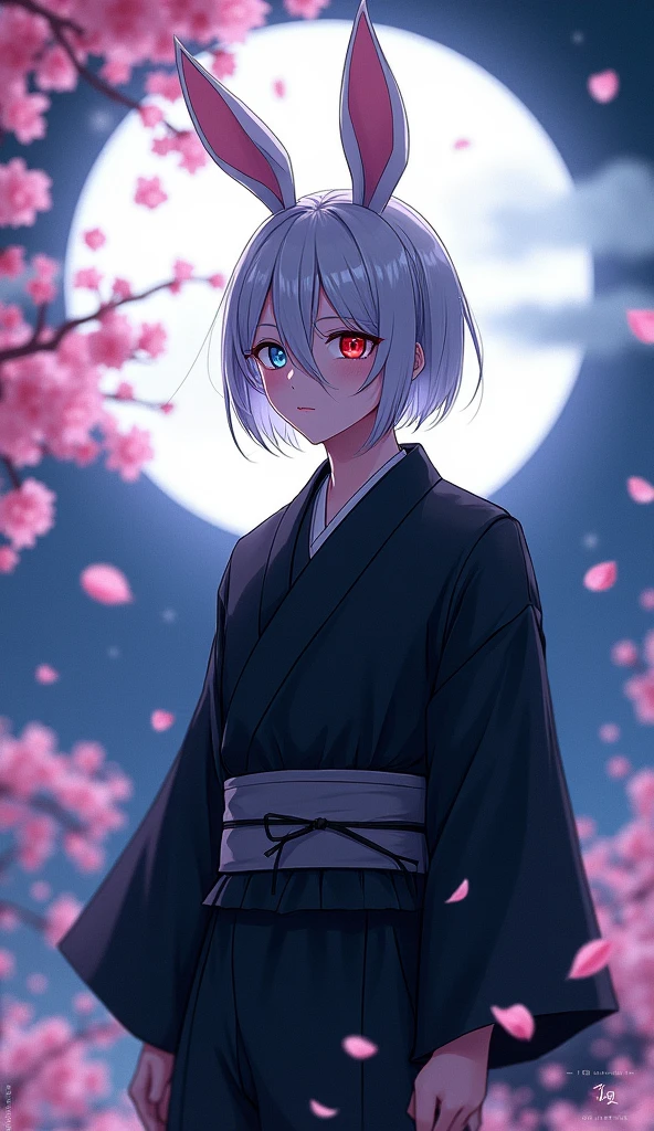 a male anime character with silver hair in a bob hairstyle, wearing a black kimono, with odd eyes (right eye blue, left eye red), set against a background of cherry blossoms and the moon, full body, detailed, photorealistic, 8k, vivid colors, dramatic lighting, fantasy, mystical, surreal。うさ耳。カッコイイ。キラキラエフェクト, 8kオクタン, アニメ風, クール