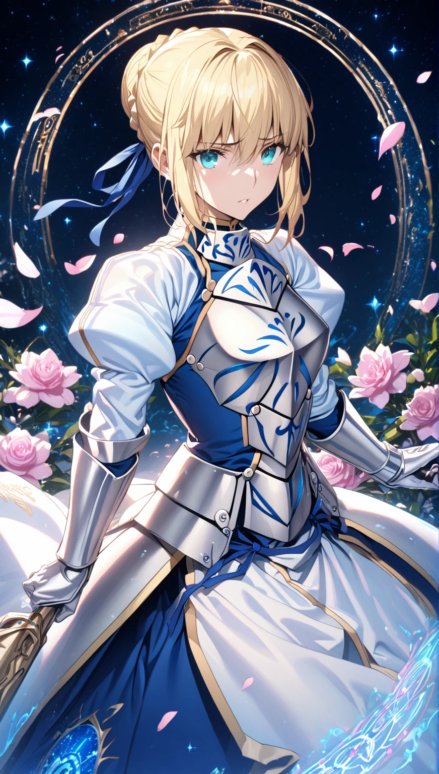 absurdres, highres, ultra detailed, HDR, master piece, Artoria Pendragon, blonde hair tied in a bun, expressive turquoise eyes, Saber, blue dress, extremely beautiful, sexy woman, best quality, Fate Grand Order, magical circle, fantasy, magical, sensual, blue starry sky, glittering, accessories, silver armor, blue ribbon, blue magic, blue flames, pink flowers, silver gloves, pink petals