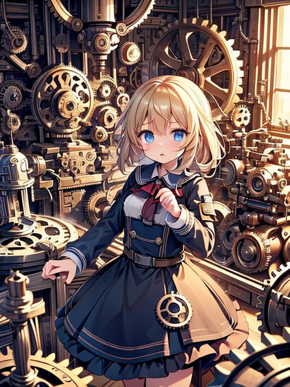 masterpiece, Best Quality, Very detailed, 8k, Ultra-high resolution, (Constructivism:1.5), Cowboy Shot, One Girl, Detailed face, Perfect Fingers, blue eyes, Blonde, Braiding, Silk dress, (A room full of machines:1.4), (gear:1.4), gramophone, Pipes, steam, Power furnace, factory