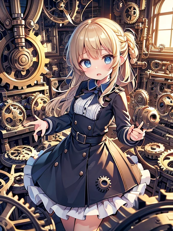 masterpiece, Best Quality, Very detailed, 8k, Ultra-high resolution, (Constructivism:1.5), Cowboy Shot, One Girl, Detailed face, Perfect Fingers, blue eyes, Blonde, Braiding, Silk dress, (A room full of machines:1.4), (gear:1.4), gramophone, Pipes, steam, Power furnace, factory