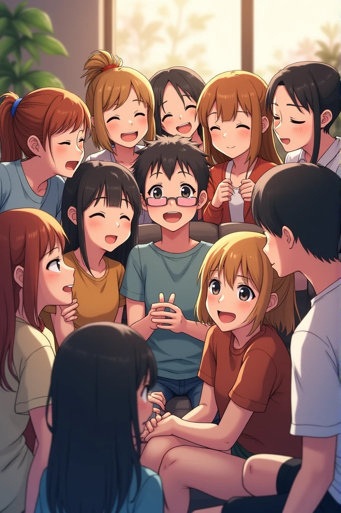 cute nudist、The joy of laughing out loud、Group Selfies、Everyone is drunk on a crowded train、Greet with a strong hug、low angles、Excitement、Cheers