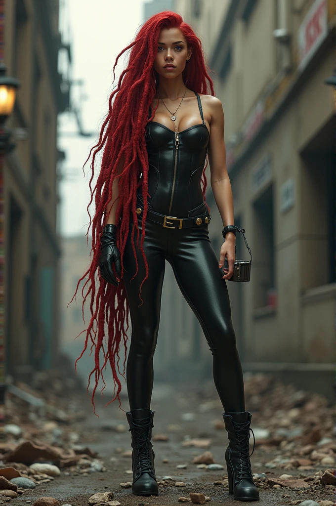 (((A beautiful woman with long red hair crawling along the road))),(((with extensive long red hair prenzil six feet long)))Adriana Lima wearing (((A fuchsia leather one-piece suit))) black leather gloves and boots standing in a rainy apocalyptic city burning cars and buildings ((((a long, six-foot-long head of red hair grabbing objects in the air)))) reflection of her in her blood red hair logo Marvel universe(((Her long hair dragging along the length and width of the road)))
