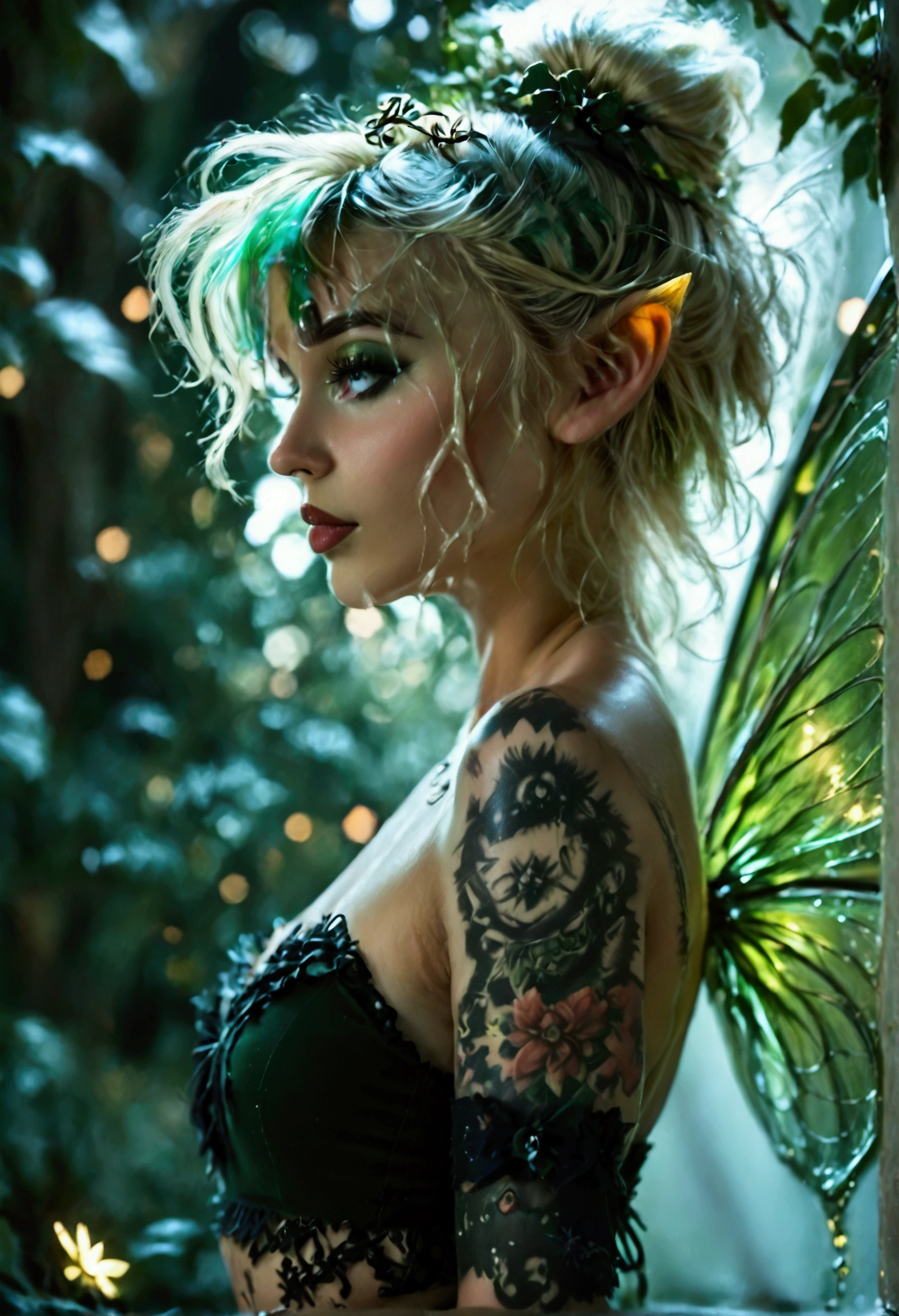 Dark tinkerbell, Goth Fairy, with a tattoo on her chest, in style of anne stokes, full body pose, full length portrait of fairy, beautiful fairy, realistic digital art 4k, digital fantasy portrait, intricate Tattoos, blonde hair styled in a messy updo, emerald green fairy wings, black lace-trimmed crop top, ethereal light filtering through the canopy, intricate body art, magical atmosphere, dark and mystical background, sharp focus on the subject, soft bokeh effect in the background. AniPnyXLQual, GothMOONXL