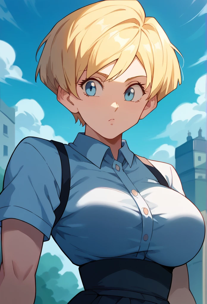 1 , Alone, short hair, blonde hair, Big breasts, high resolution, masterpiece, Anatomically correct, Necessary, high details, blue eyes, 