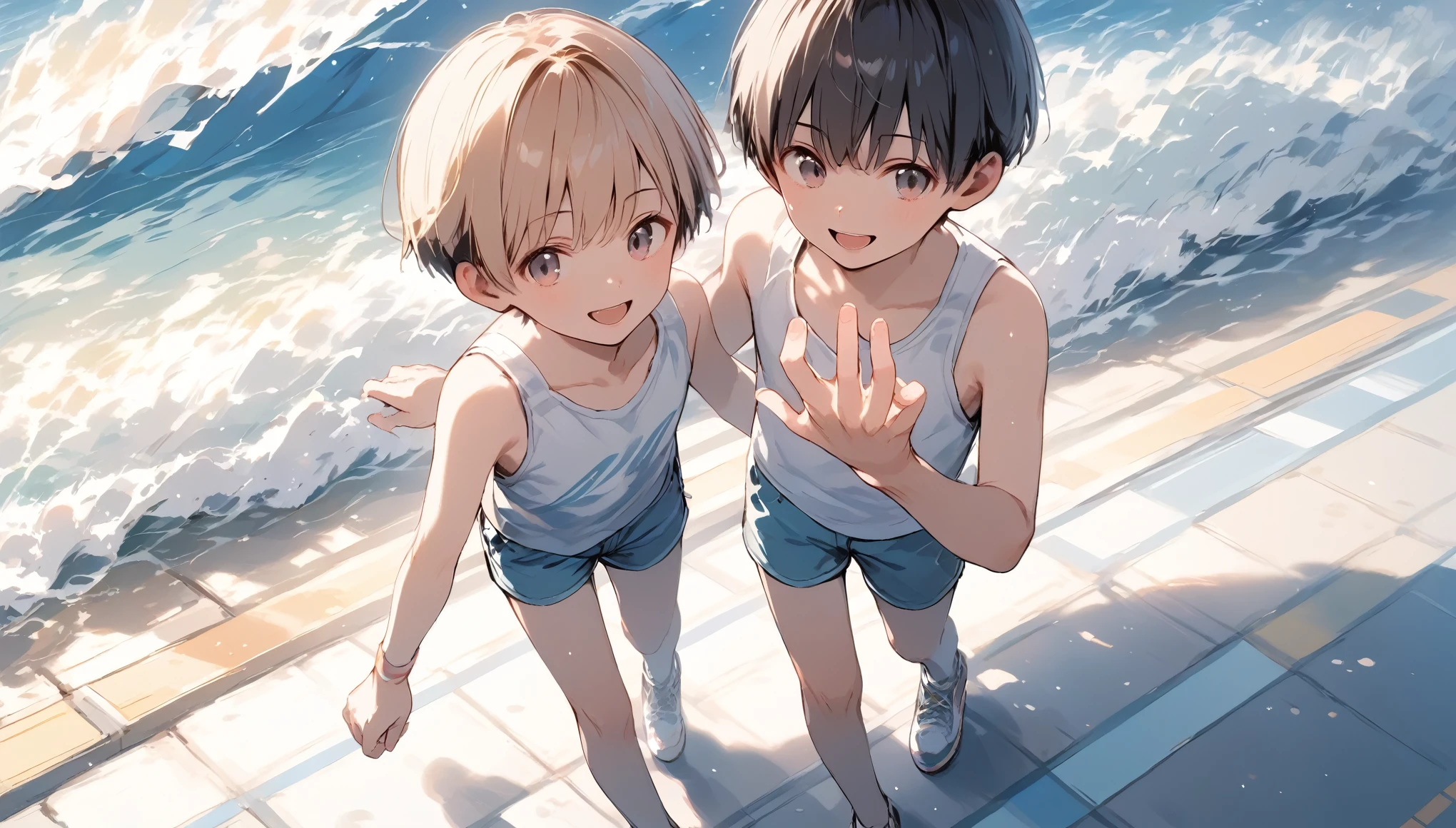 Official art, ​masterpiece, realisticlying，Three 18-year-old boys.Crotch close contact，Bulging pubic bone、Areas in close contact with each other、selfee、Sea bread，T-shirt wearing、the beach，selfee，Face Real，Face Zoom，Face realistic