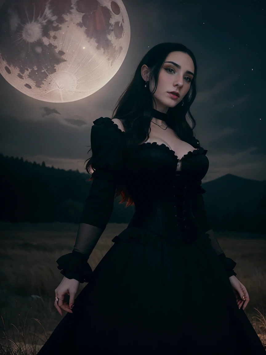 (Photorealistic),photograph,Best image quality, Ultra-high resolution, (realism: 1.5),One Witch,Landscape,Upper Body,Black Costume,Black Hair,alphonse mucha like,Moonlit Night,Starry Sky,Perfect human body,25-year-old woman,Gazing into the distance,Background: Small hill